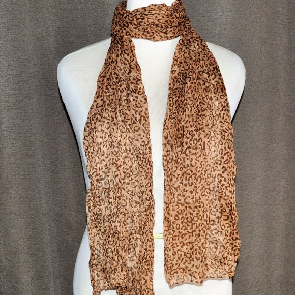 Silky Sheer Brown Leopard Scarf with thin Gold Foil Stripes - Picture 1 of 4